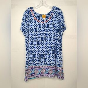 Ruby Red Blue Geometric Print Women's Top Size (XL)